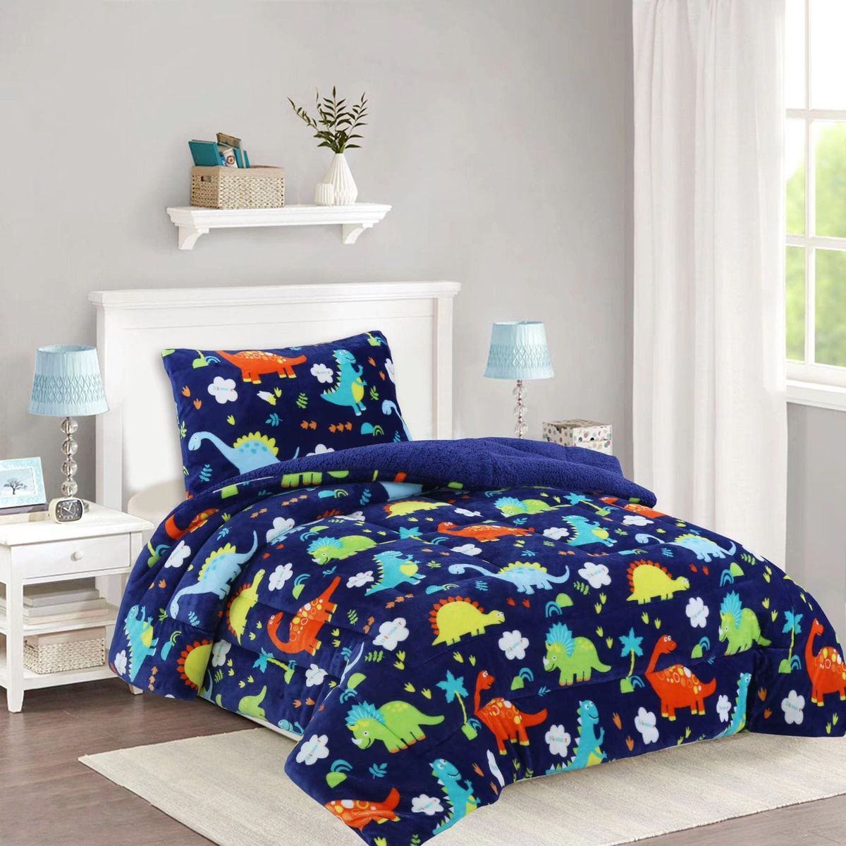 GENERICO - COBERTOR POLAR CON CHIPORRO DISEÑO AZUL DINOSAURIOS 1.5 PLAZAS FY