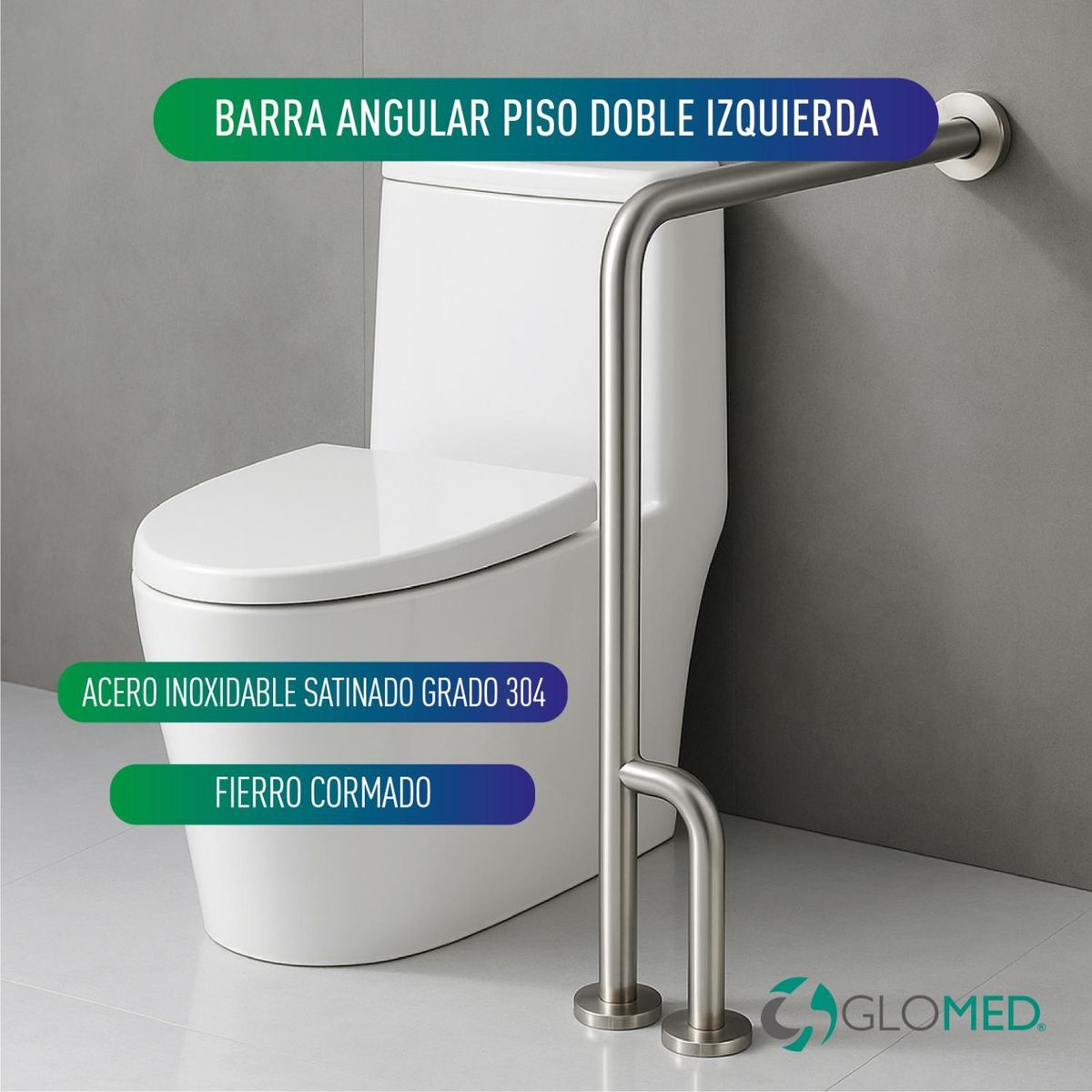 GLOMED - Barra De Seguridad Baño Angular Muro-Piso Doble Izquierda MAXCARE