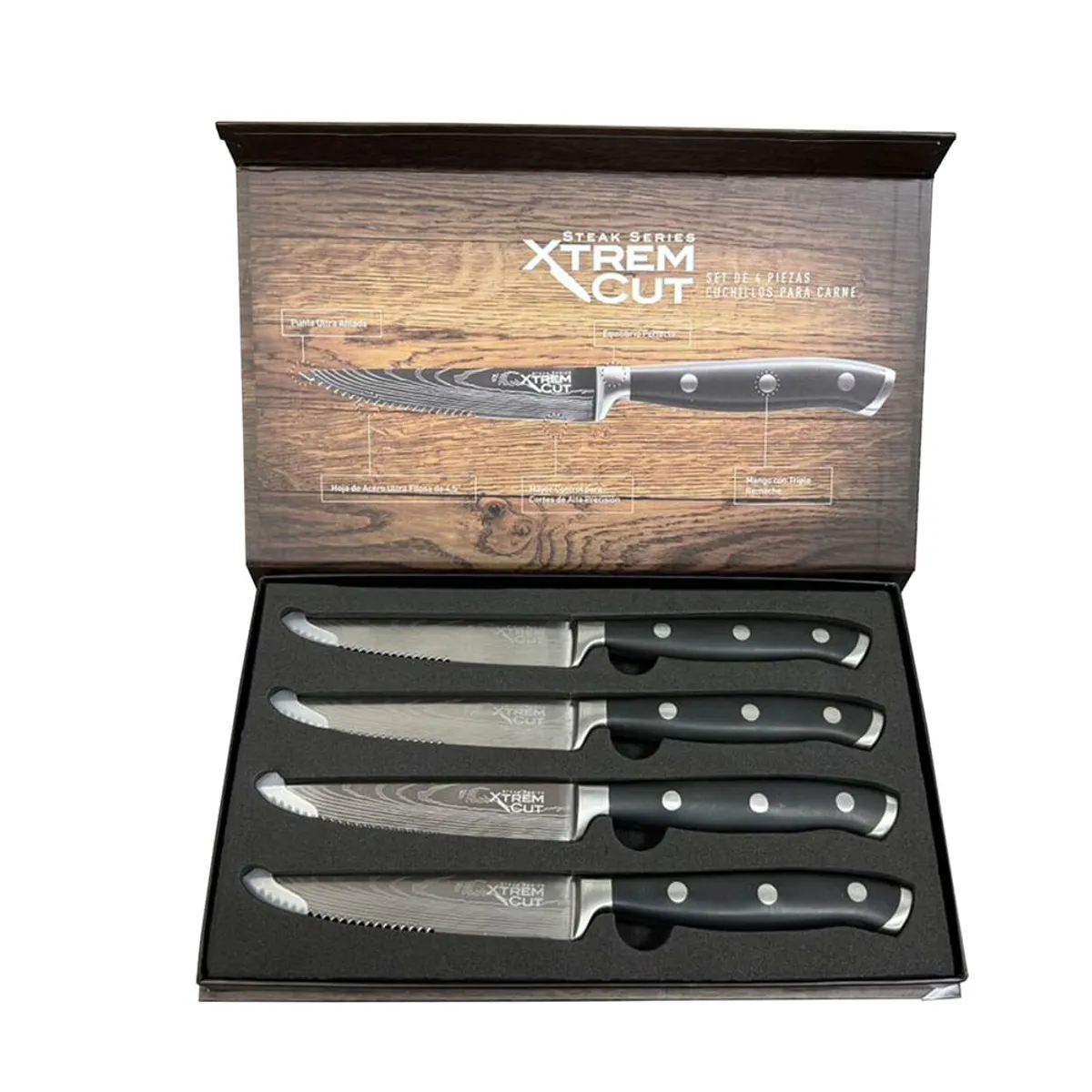 XTREM CUT - Set de Cuchillos de Cocina Profesionales Xtrem Cut Steak para Carne de Mango Ergonómico 4 Piezas