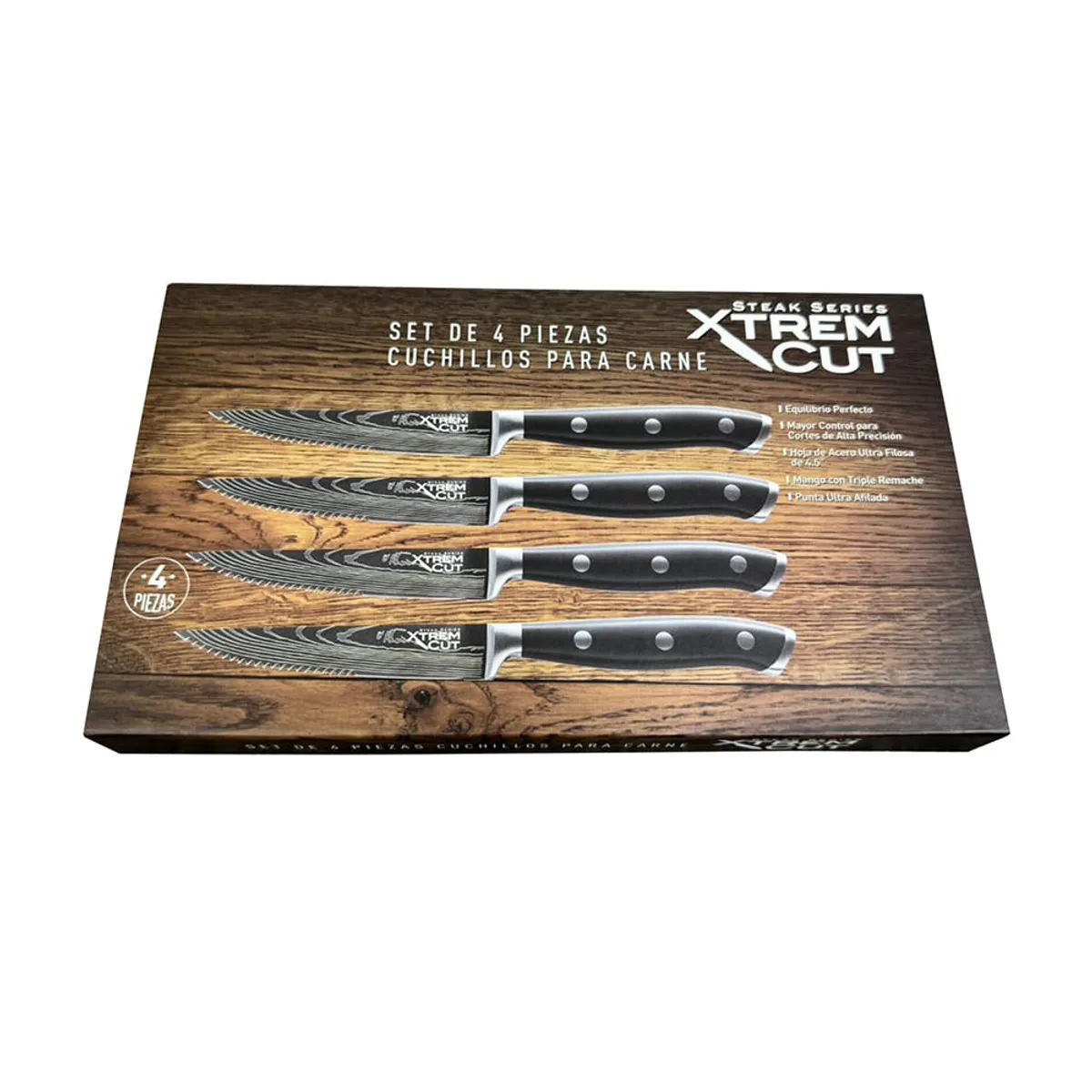 XTREM CUT - Set de Cuchillos de Cocina Profesionales Xtrem Cut Steak para Carne de Mango Ergonómico 4 Piezas