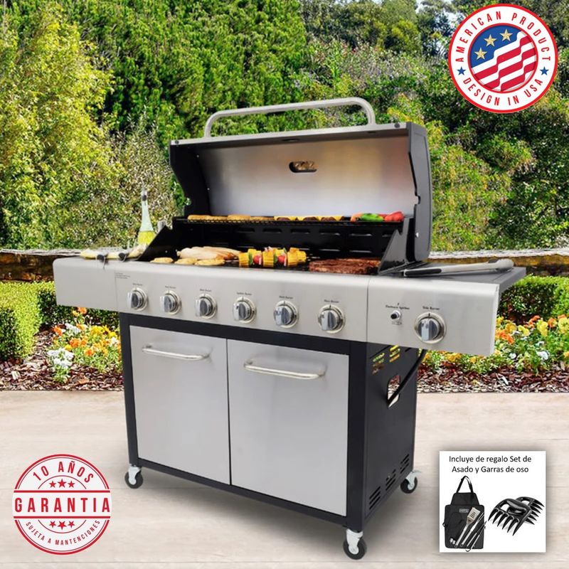 KENMORE - Parrilla a gas 6 Quemadores + Quemador lateral + set asado + Garras