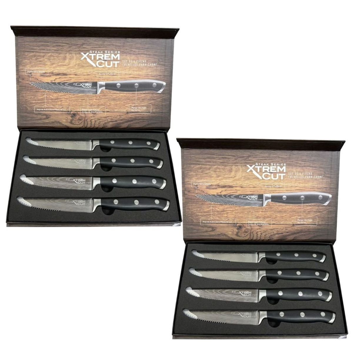 XTREM CUT - Pack 2 Set de Cuchillos de Cocina Profesionales Xtrem Cut Steak de Mango Ergonómico 4 Piezas