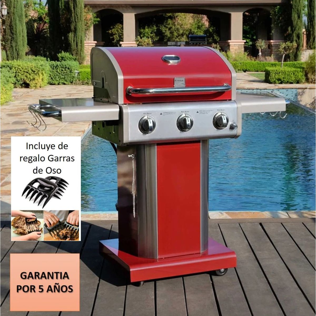 KENMORE - Parrilla a gas 3 Quemadores - Color Rojo + Garras de Oso