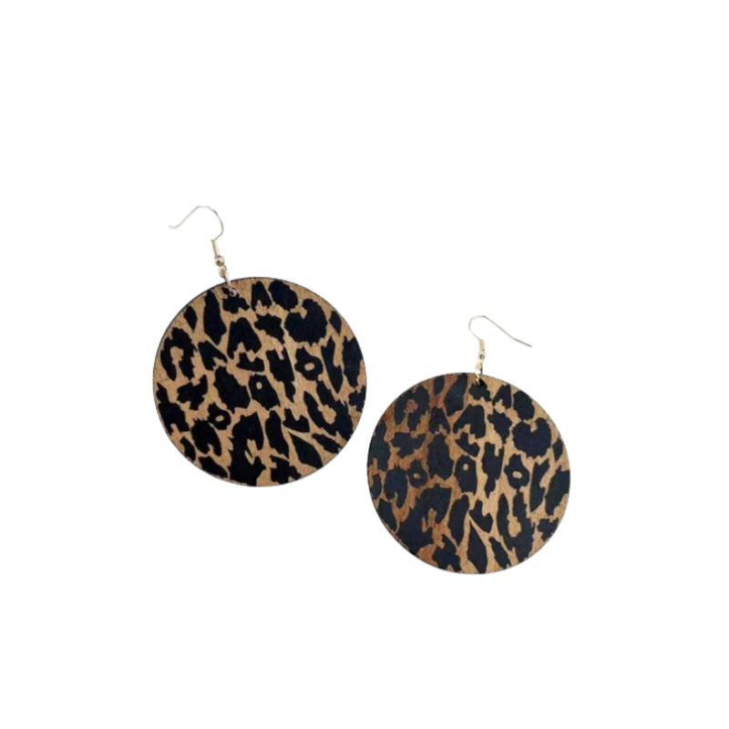 GENERICO - Pendientes largos redondos moda madera con patrón de leopardo