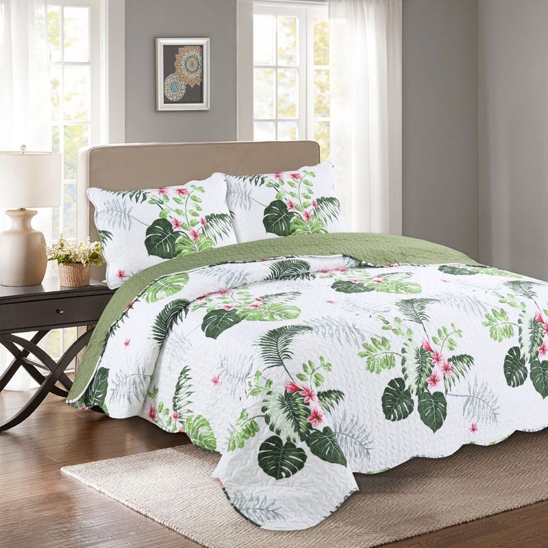 GENERICO - CUBRECAMA DE VERANO QUILT DISEÑO BLANCO HOJAS 2 PLAZAS FY