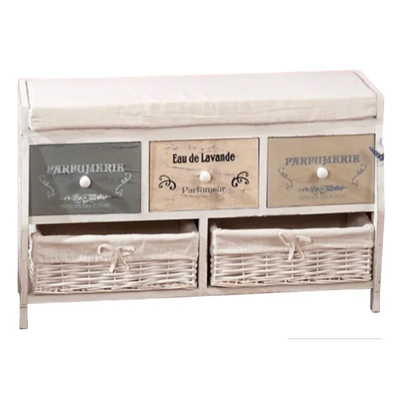 GENERICO - BANQUETA MADERA VINTAGE 3 CAJONES 2 CANASTOS FORRADO TELA