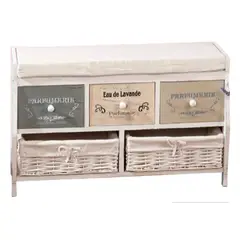 GENERICO - BANQUETA MADERA VINTAGE 3 CAJONES 2 CANASTOS FORRADO TELA