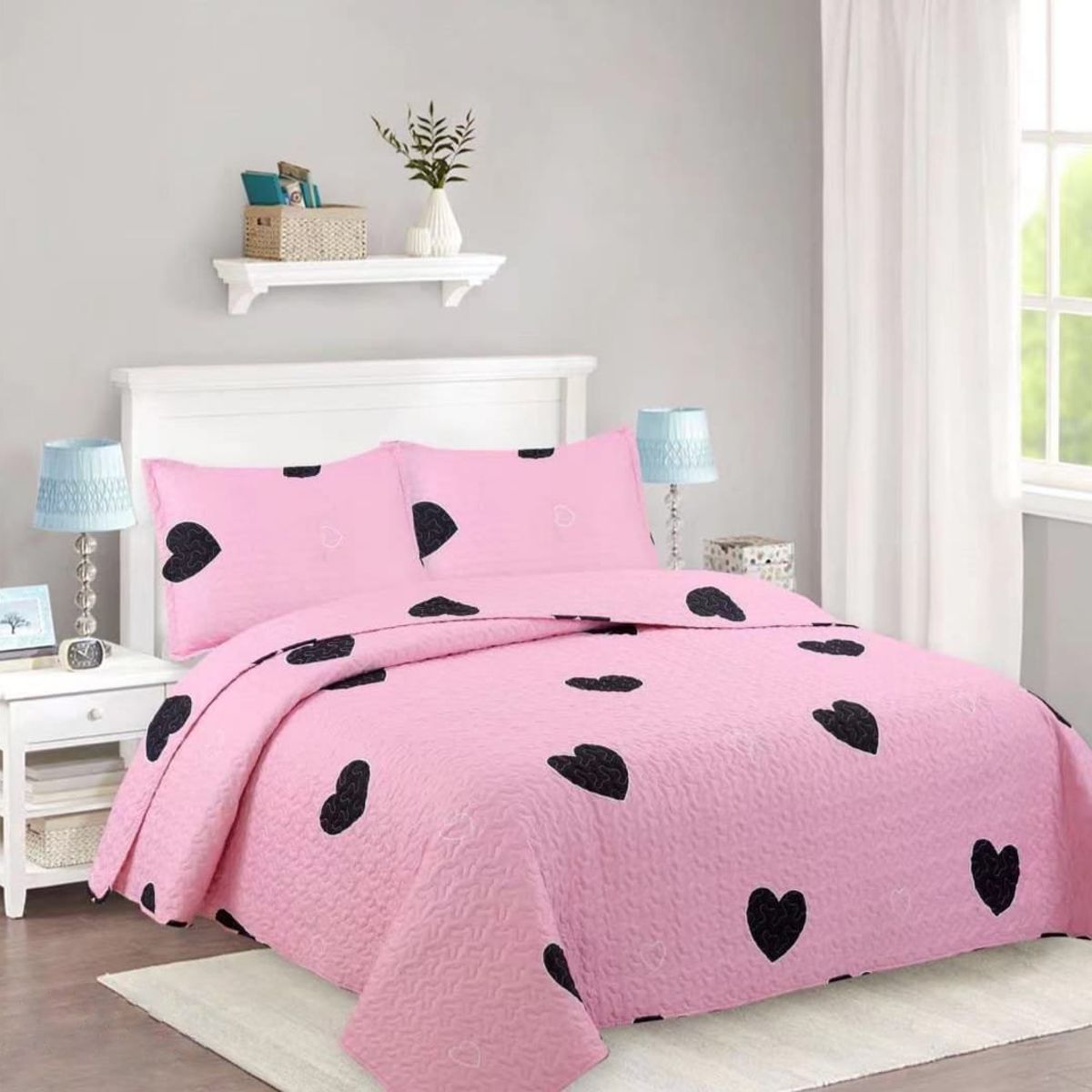 GENERICO - CUBRECAMA DE VERANO QUILT DISEÑO ROSADO CORAZON NEGRO 2 PLAZAS FY