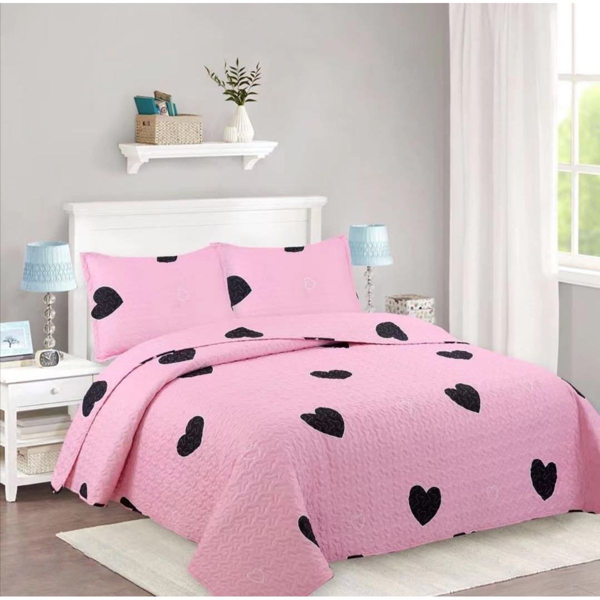 GENERICO - CUBRECAMA DE VERANO QUILT DISEÑO ROSADO CORAZON NEGRO 2 PLAZAS FY