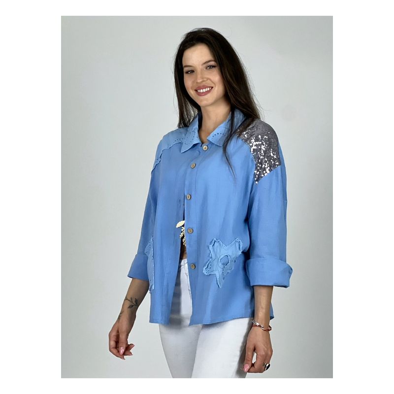 ENIGMATICA BOUTIQUE - Blusa Lino Con Brillos Celeste ENIGMATICA BOUTIQUE_.