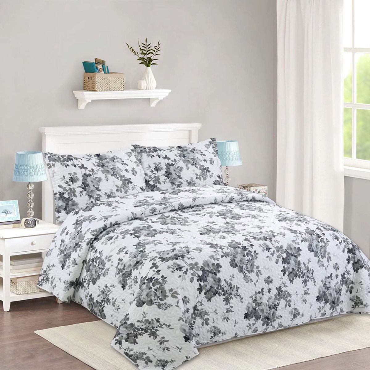 GENERICO - CUBRECAMA DE VERANO QUILT DISEÑO BLANCO FLOR GRIS  2 PLAZAS FY