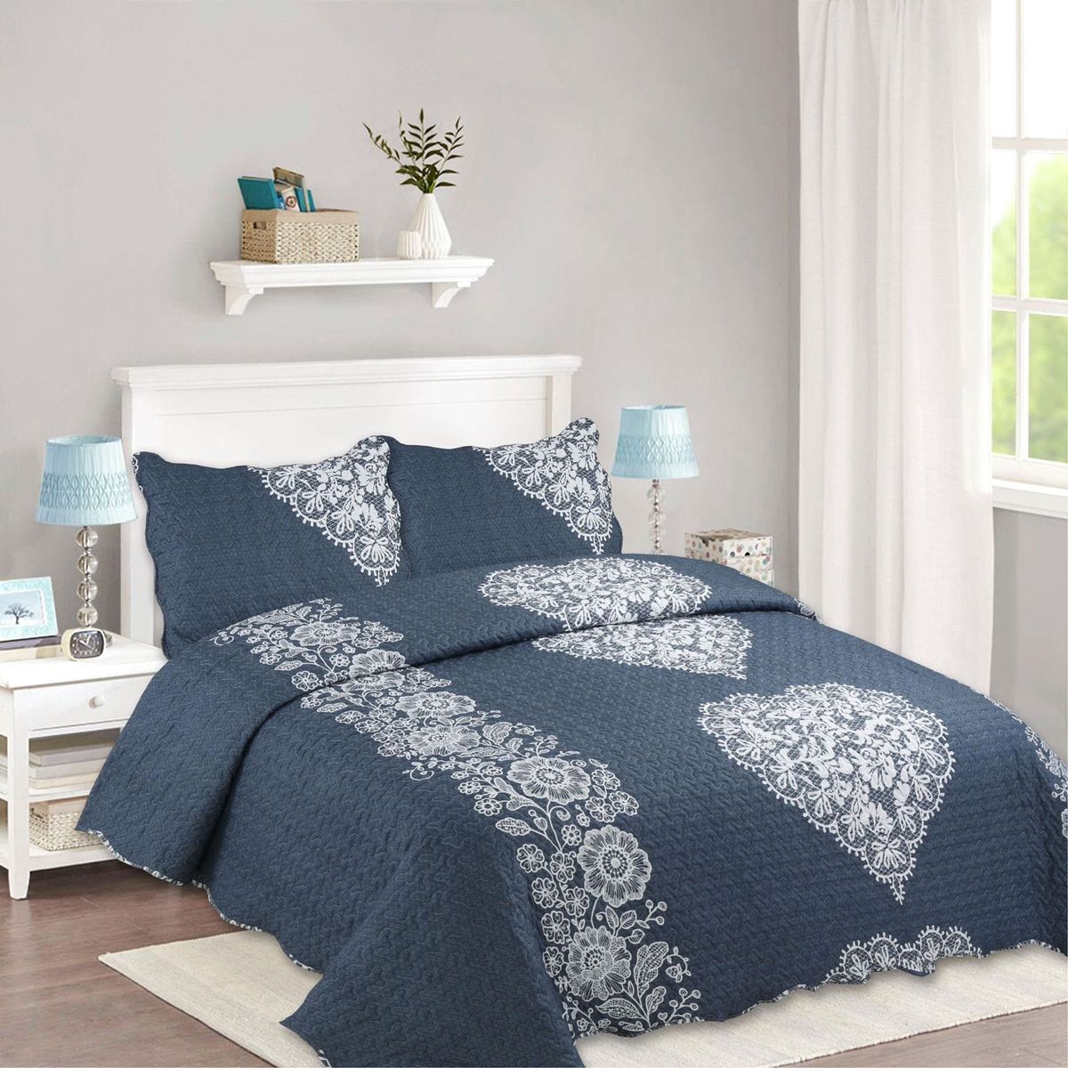 GENERICO - CUBRECAMA DE VERANO QUILT DISEÑO GRIS CORAZON BORDADO 2 PLAZAS FY