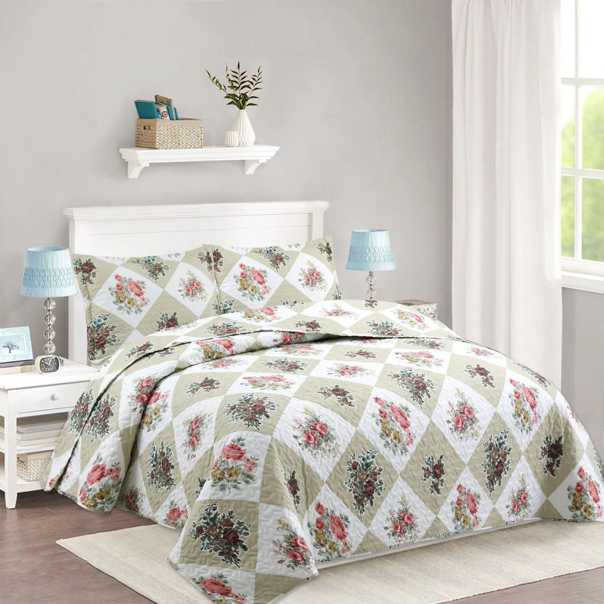 GENERICO - CUBRECAMA DE VERANO QUILT DISEÑO CUADRO BEIGE KING FY