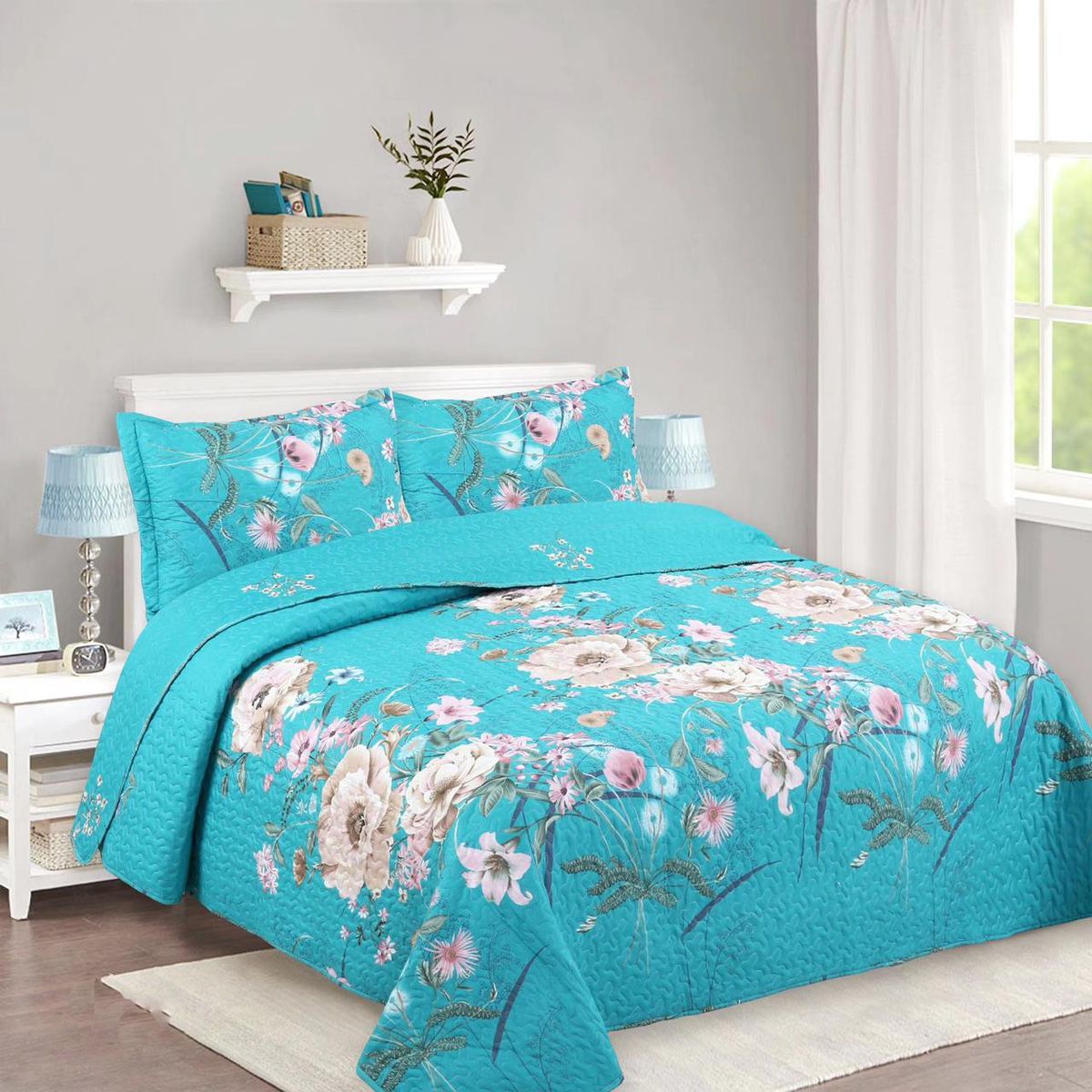 GENERICO - CUBRECAMA DE VERANO QUILT DISEÑO FLOR CELESTES KING FY