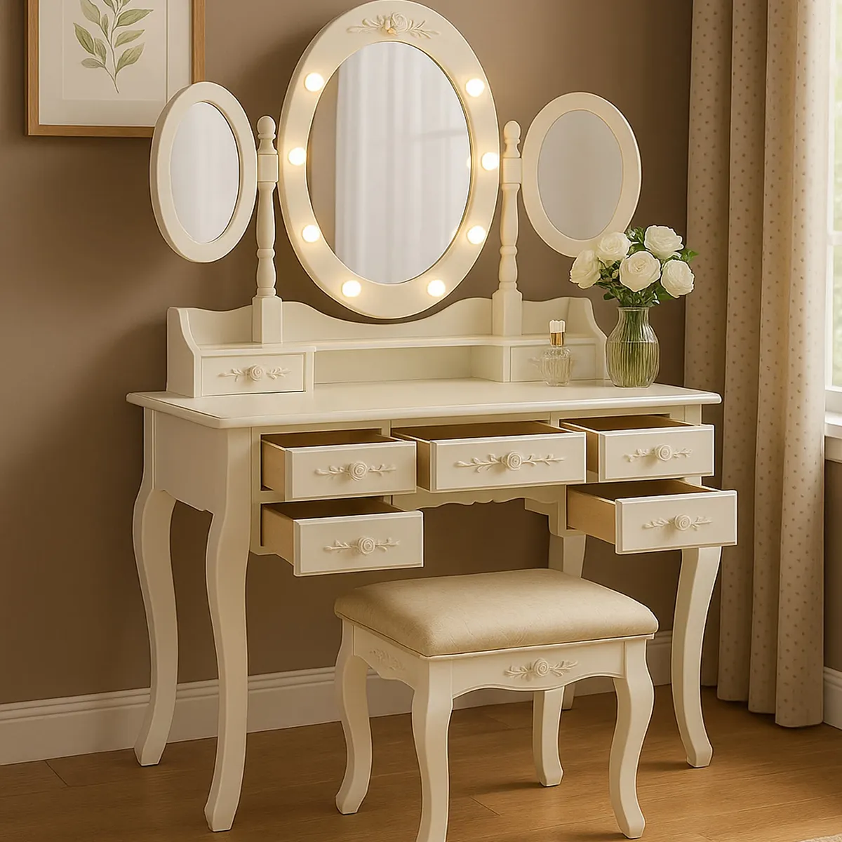 GENERICO - Tocador Cleopatra 7C espejo triple ovalado CON LUZ EM061