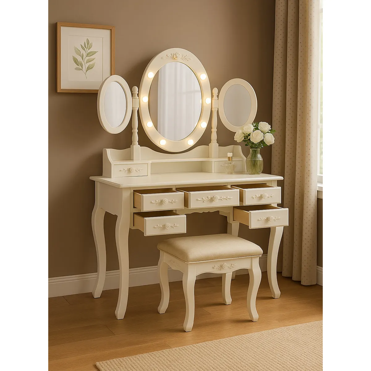 GENERICO - Tocador Cleopatra 7C espejo triple ovalado CON LUZ EM061