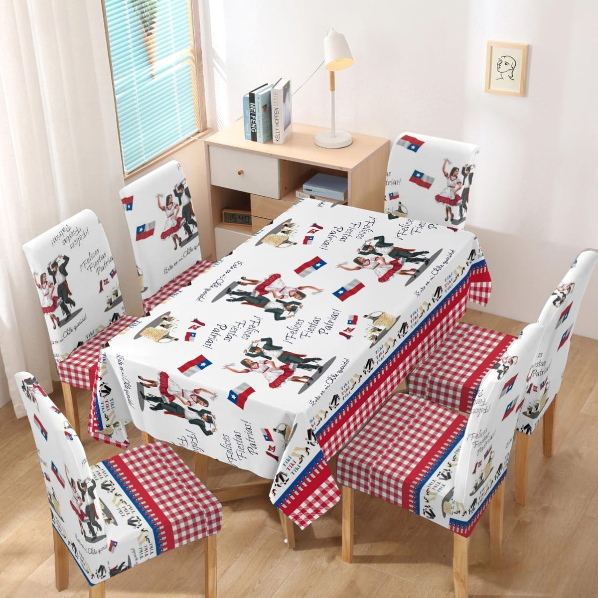 GENERICO - SET DE MANTEL 140*220 CTMS + 6 FUNDAS DE SILLAS FECHAS PATRIAS