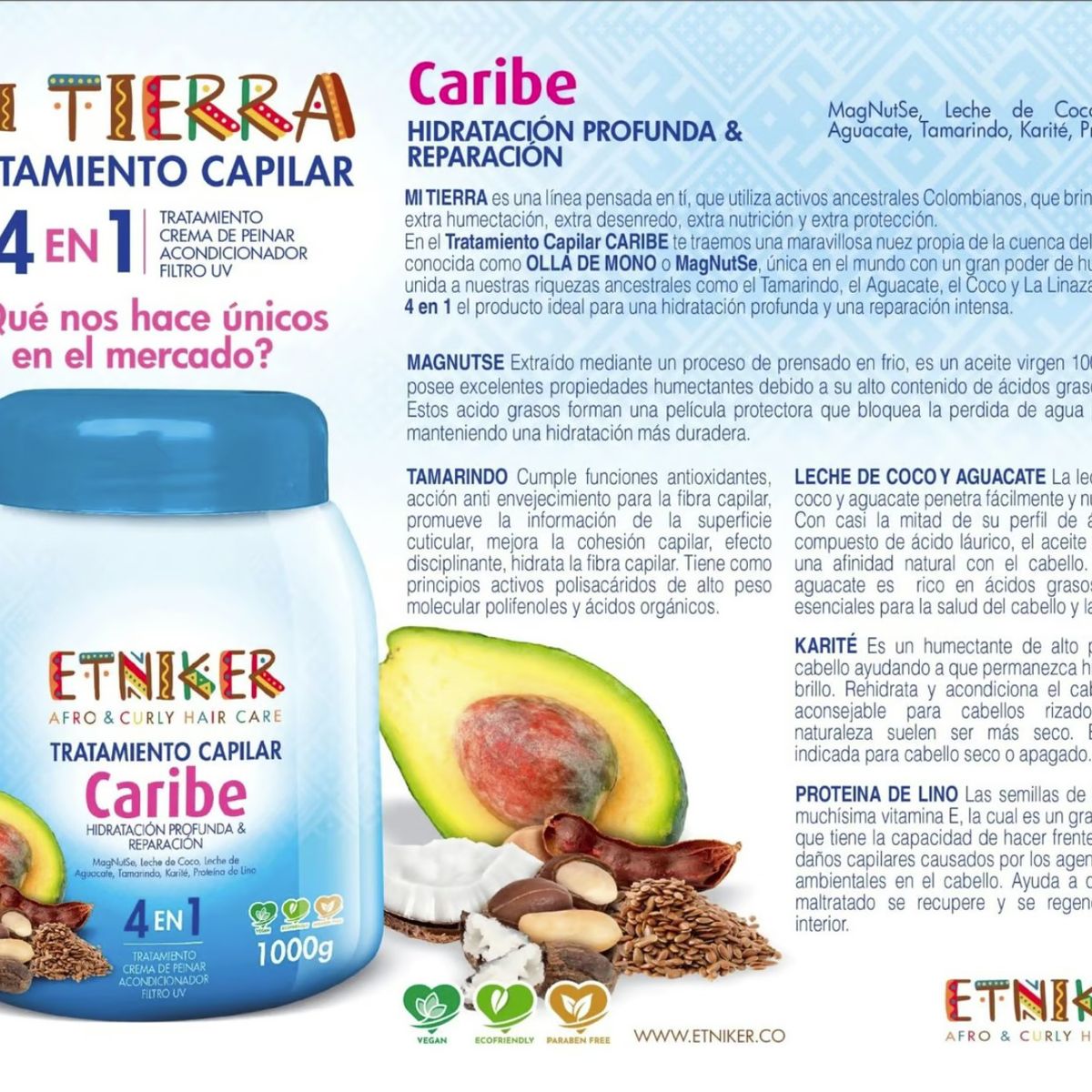 ETNIKER - TRATAMIENTO CAPILAR AFRO AND CURLY ETNIKER CARIBE 4 EN 1 DE 1000GR