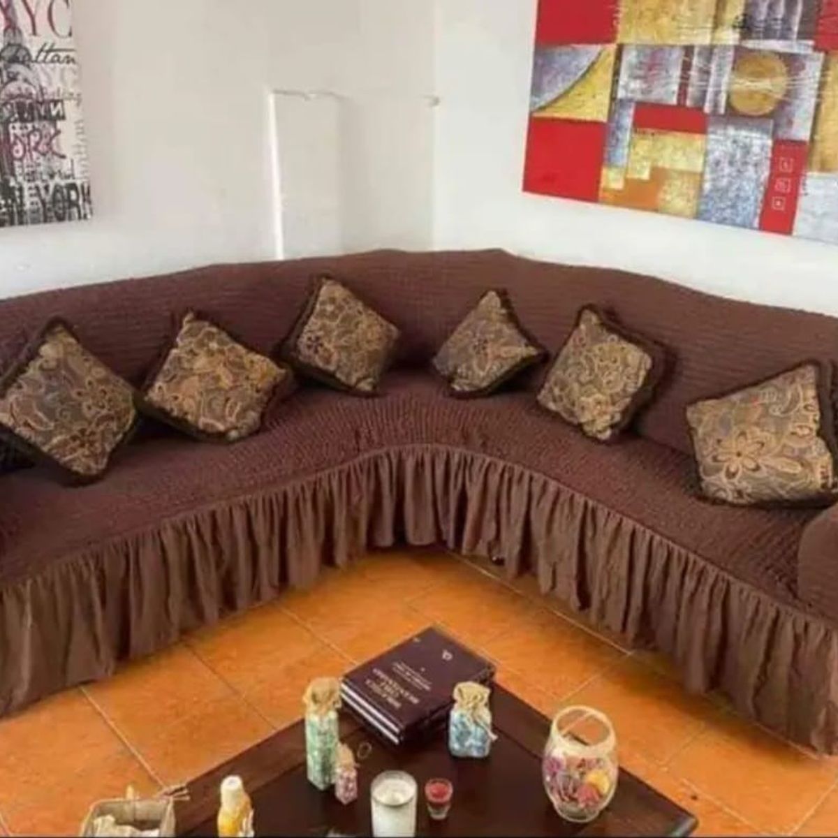 GENERICO - FUNDA CUBRE SILLON TURCO PARA SOFAS TIPO L DISEÑO CUADRILLE