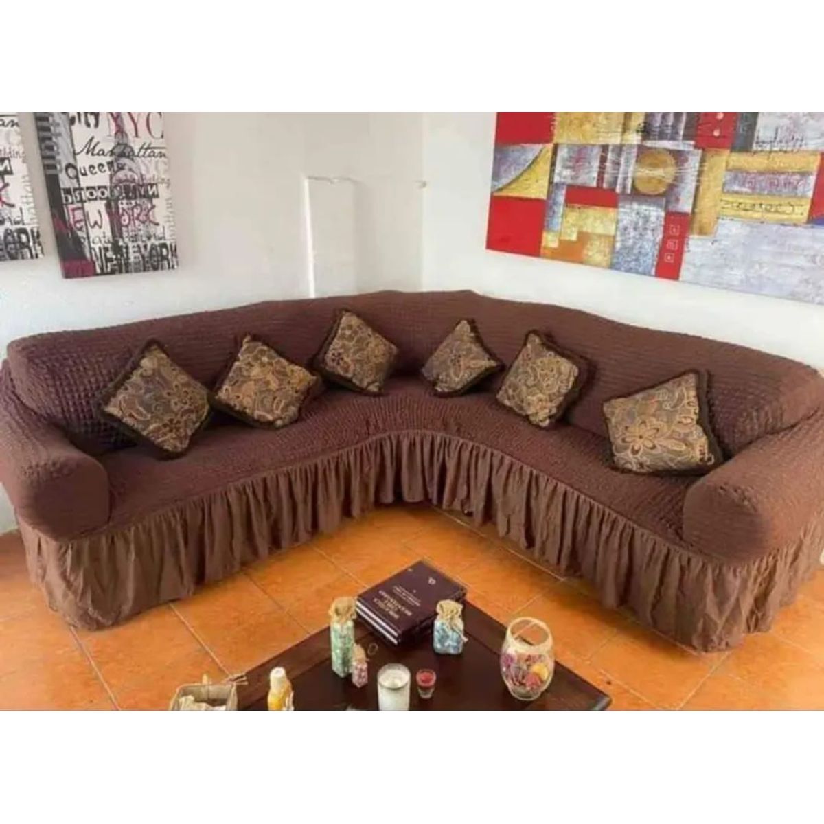 GENERICO - FUNDA CUBRE SILLON TURCO PARA SOFAS TIPO L DISEÑO CUADRILLE