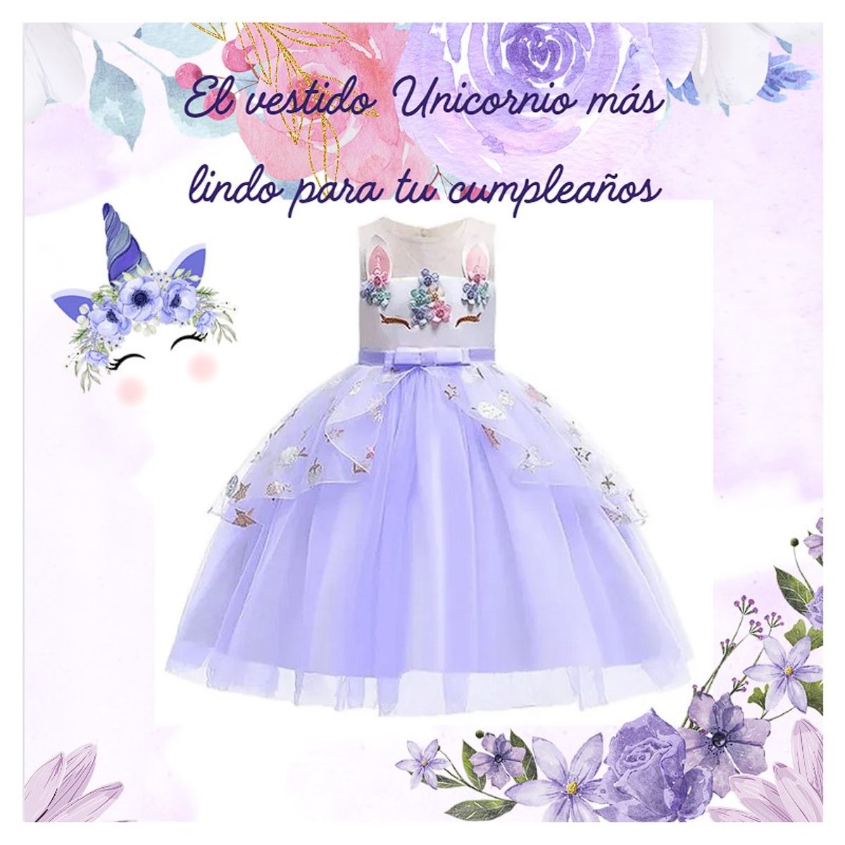 COMPRAPO - Disfraz Niña Princesa Unicornio Flores Bordadas Lavanda T10
