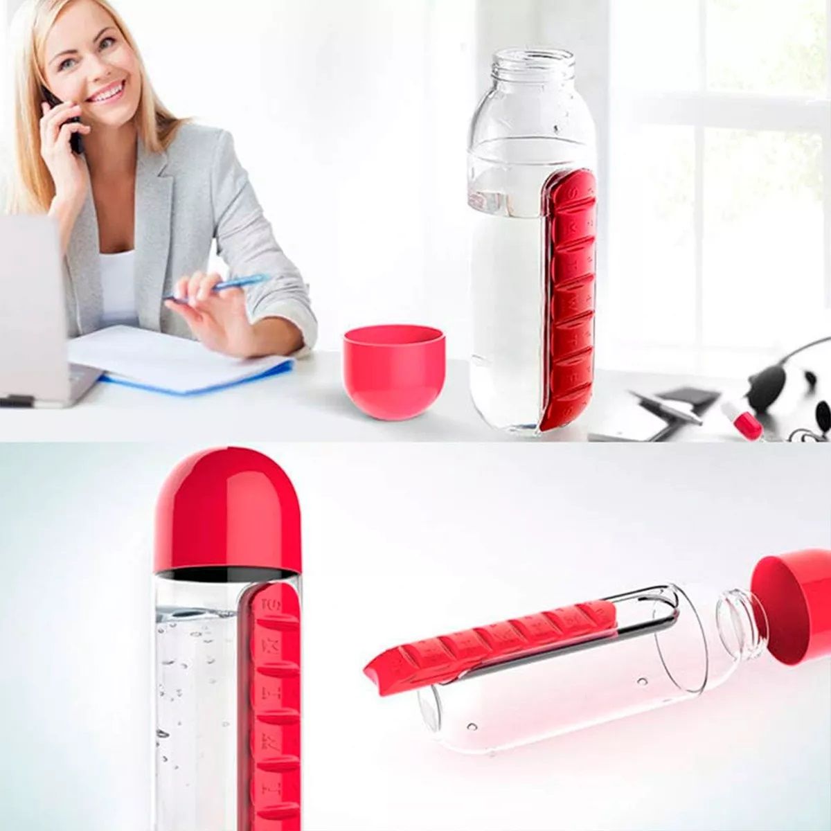 ONEDER - Botella De Agua Pastillero Organizador Pastilleros Semanales Rojo