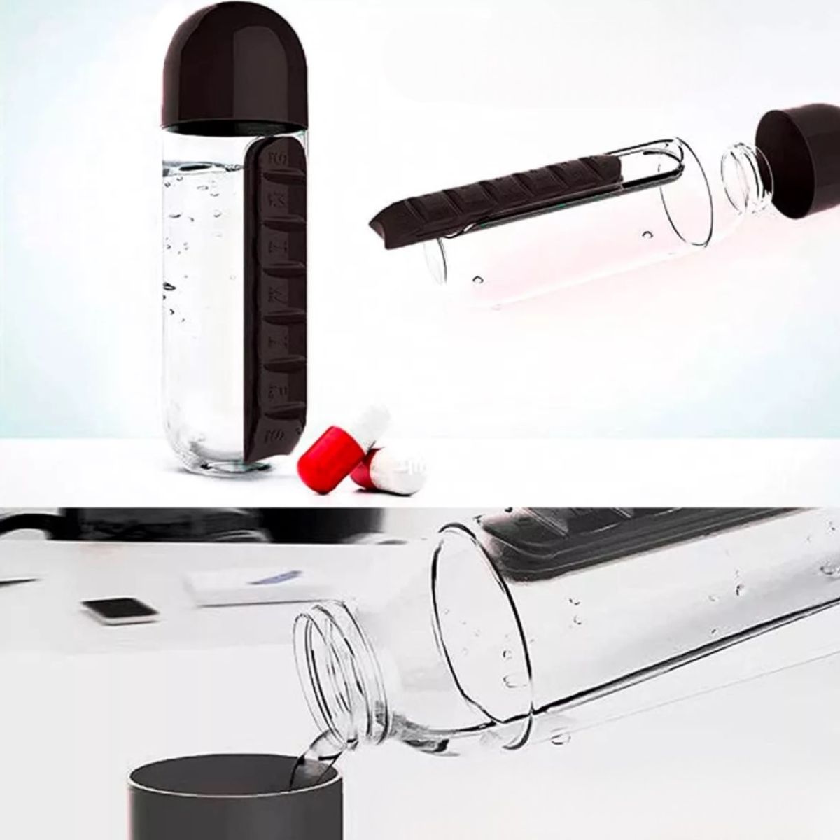 ONEDER - Botella De Agua Pastillero Organizador Pastilleros Semanales Negro