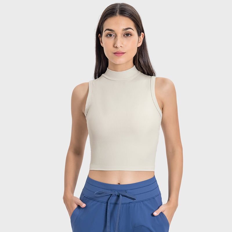 RURUTOTO - Camiseta sin mangas acanalada con cuello alto falso mujer Negro