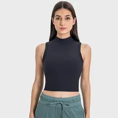 RURUTOTO - Camiseta sin mangas acanalada con cuello alto falso mujer Negro