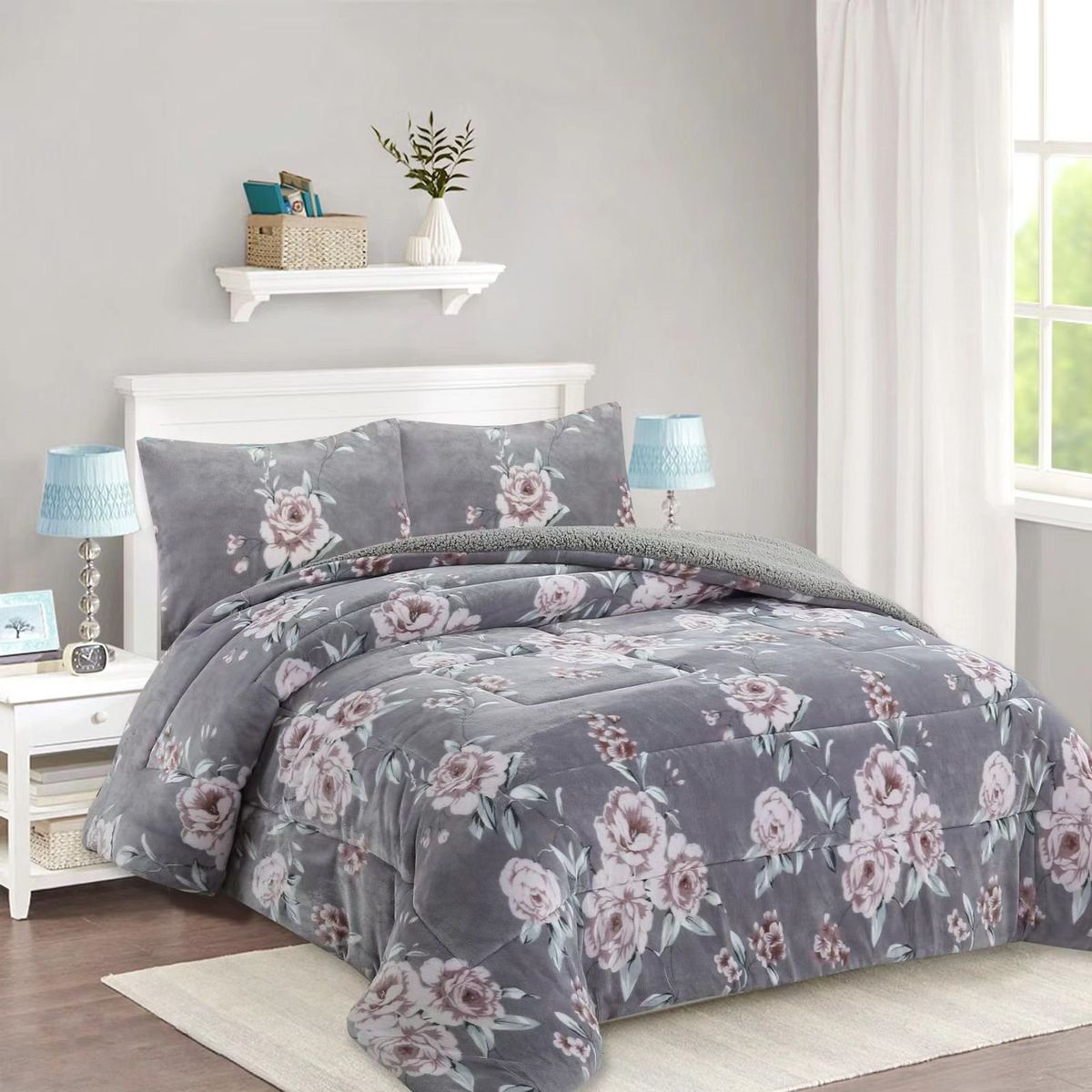 GENERICO - COBERTOR POLAR CON CHIPORRO 2 PLAZAS FY DISEÑO GRIS FLORES