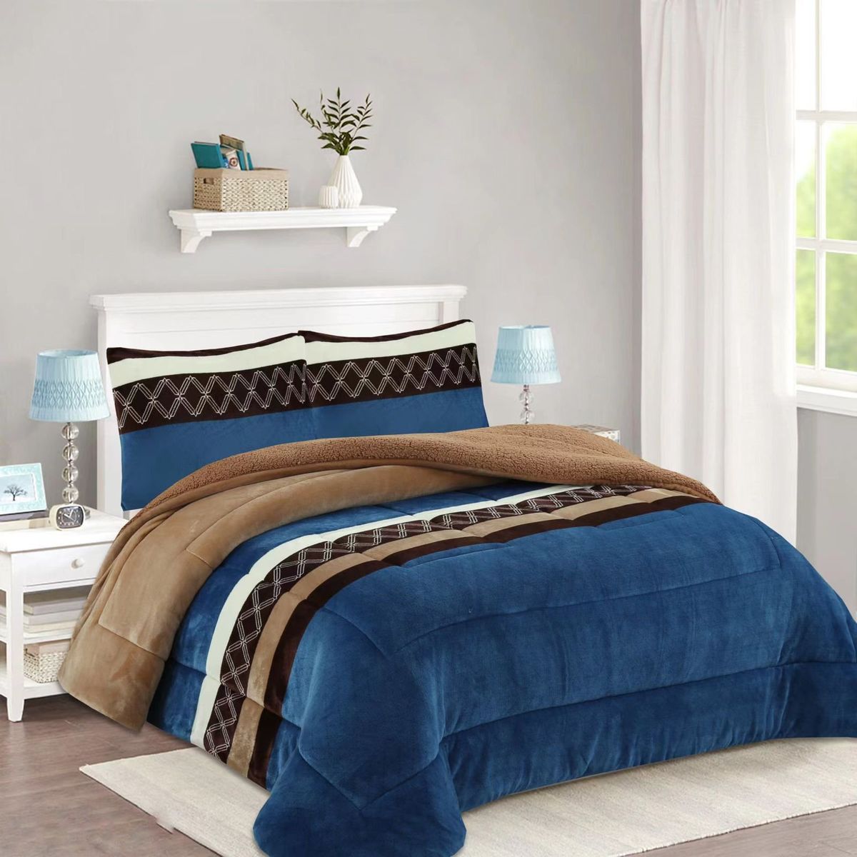 GENERICO - COBERTOR POLAR CON CHIPORRO 2 PLAZAS FY DISEÑO AZUL CAFE