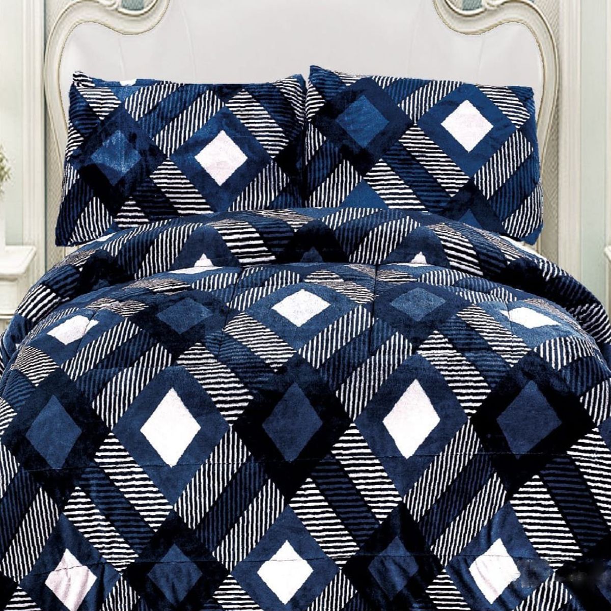 GENERICO - COBERTOR POLAR CON CHIPORRO 2 PLAZAS FY DISEÑO GEOMETRICO AZUL