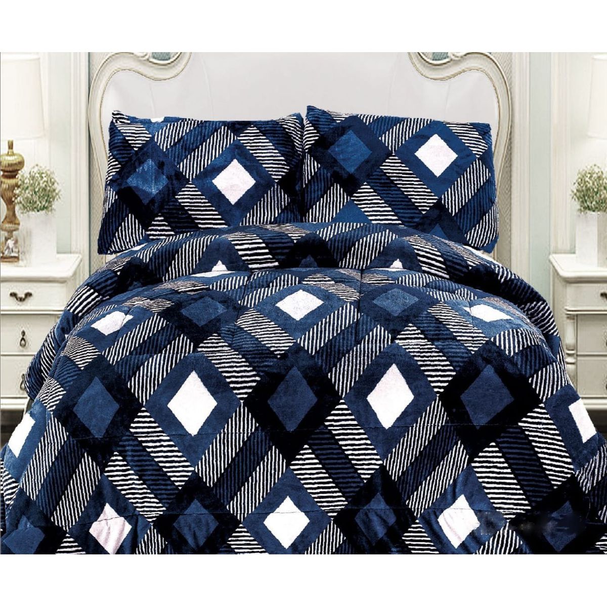 GENERICO - COBERTOR POLAR CON CHIPORRO 2 PLAZAS FY DISEÑO GEOMETRICO AZUL