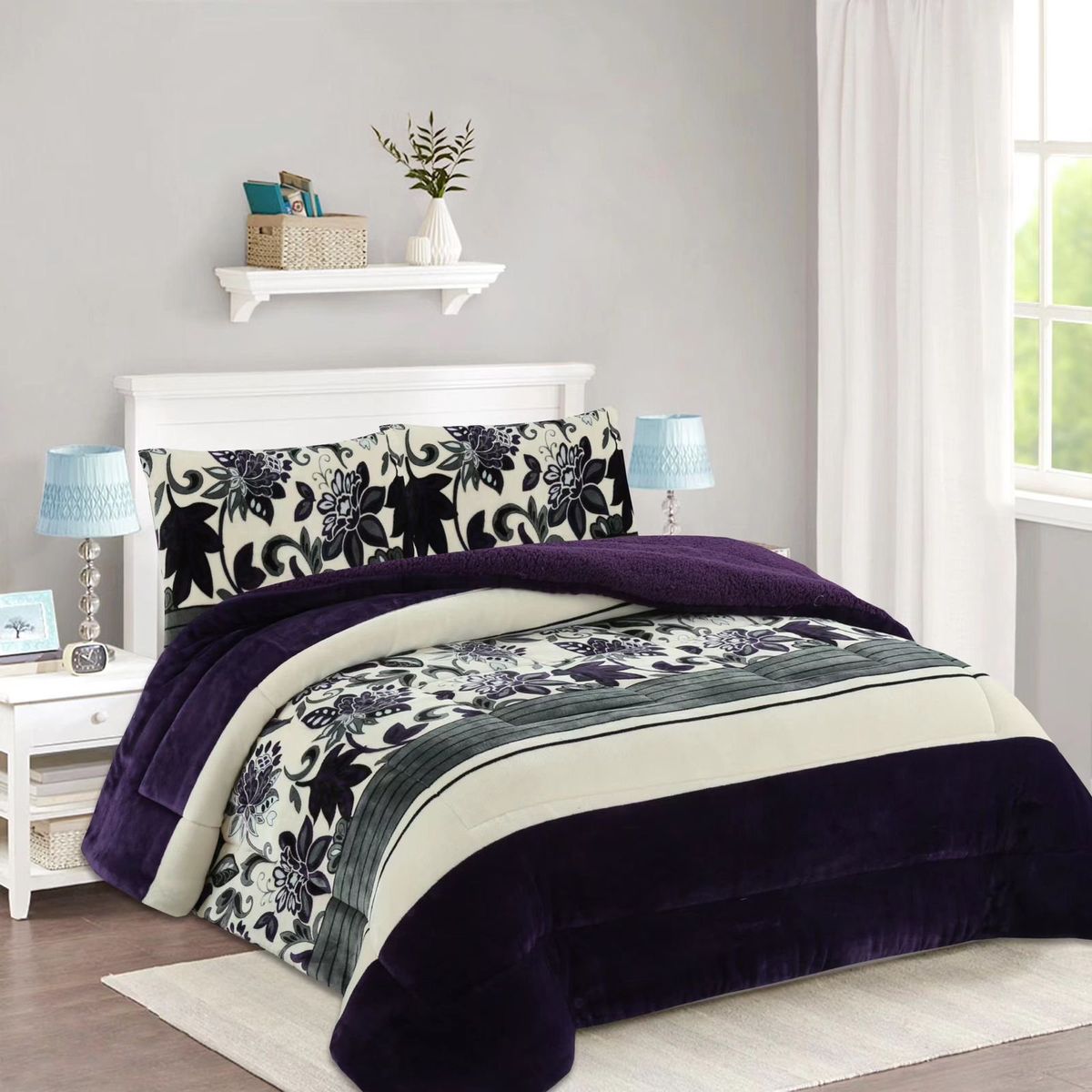 GENERICO - COBERTOR POLAR CON CHIPORRO KING FY DISEÑO FLOR VIOLETA