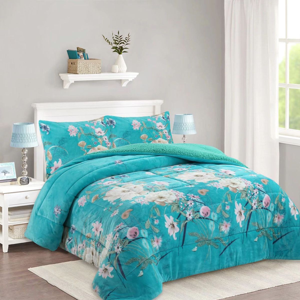 GENERICO - COBERTOR POLAR CON CHIPORRO KING FY DISEÑO CELESTE FLORES