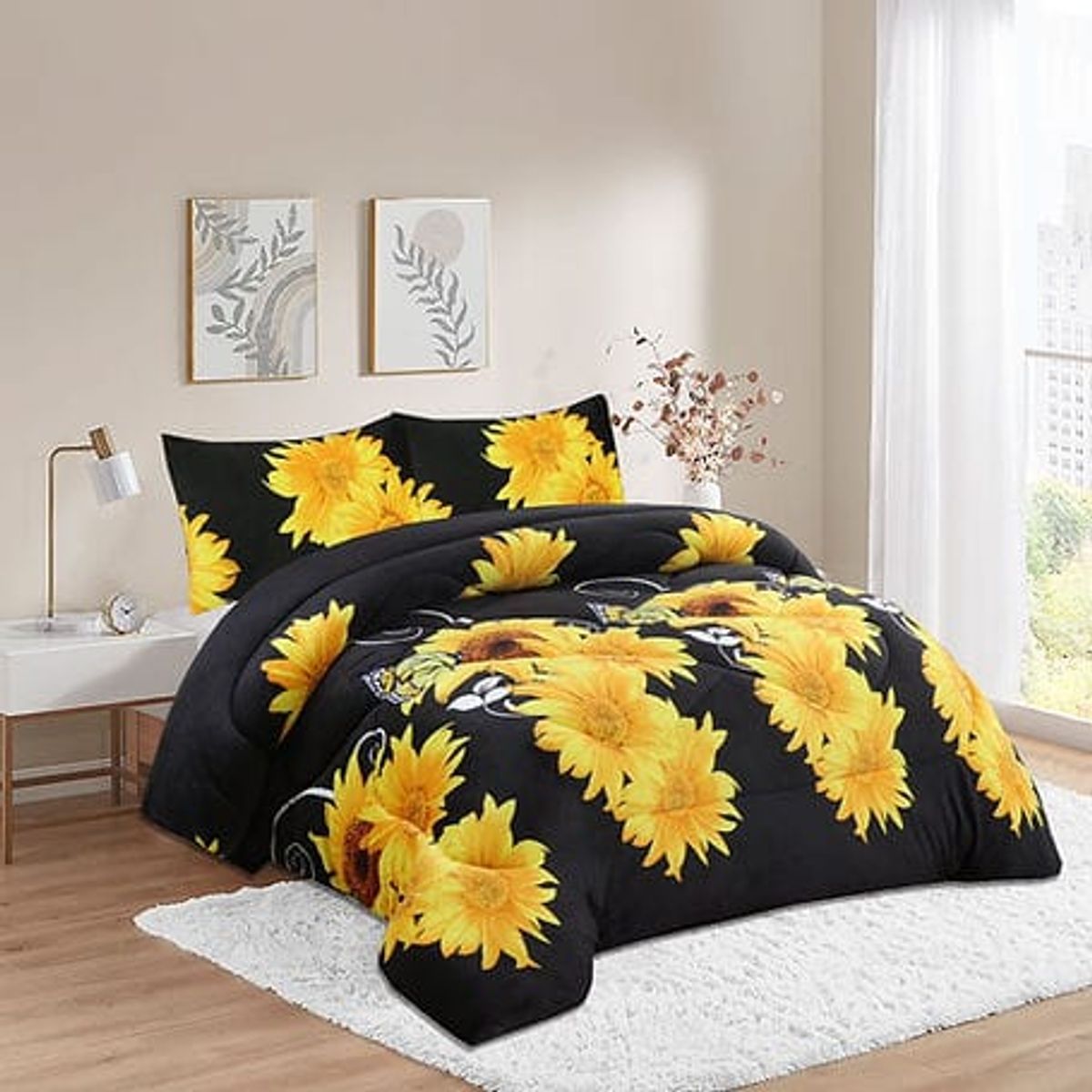 GENERICO - Cobertor de invierno Plush con chiporro 2 Plazas - Negro Girasoles