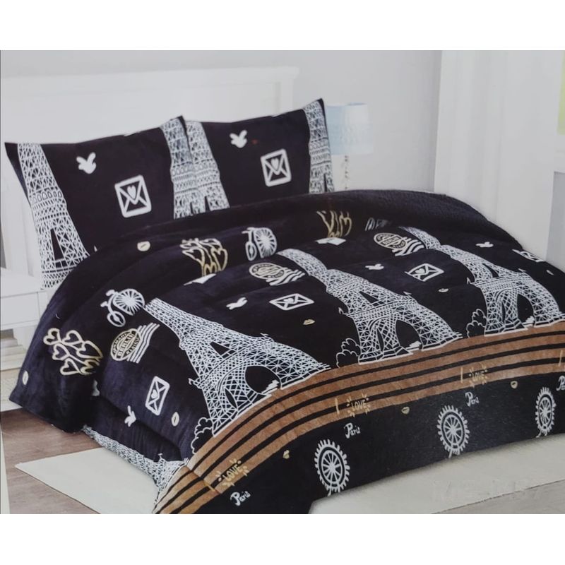 GENERICO - COBERTOR POLAR CON CHIPORRO DISEÑO NEGRO PARIS 1.5 PLAZAS FY