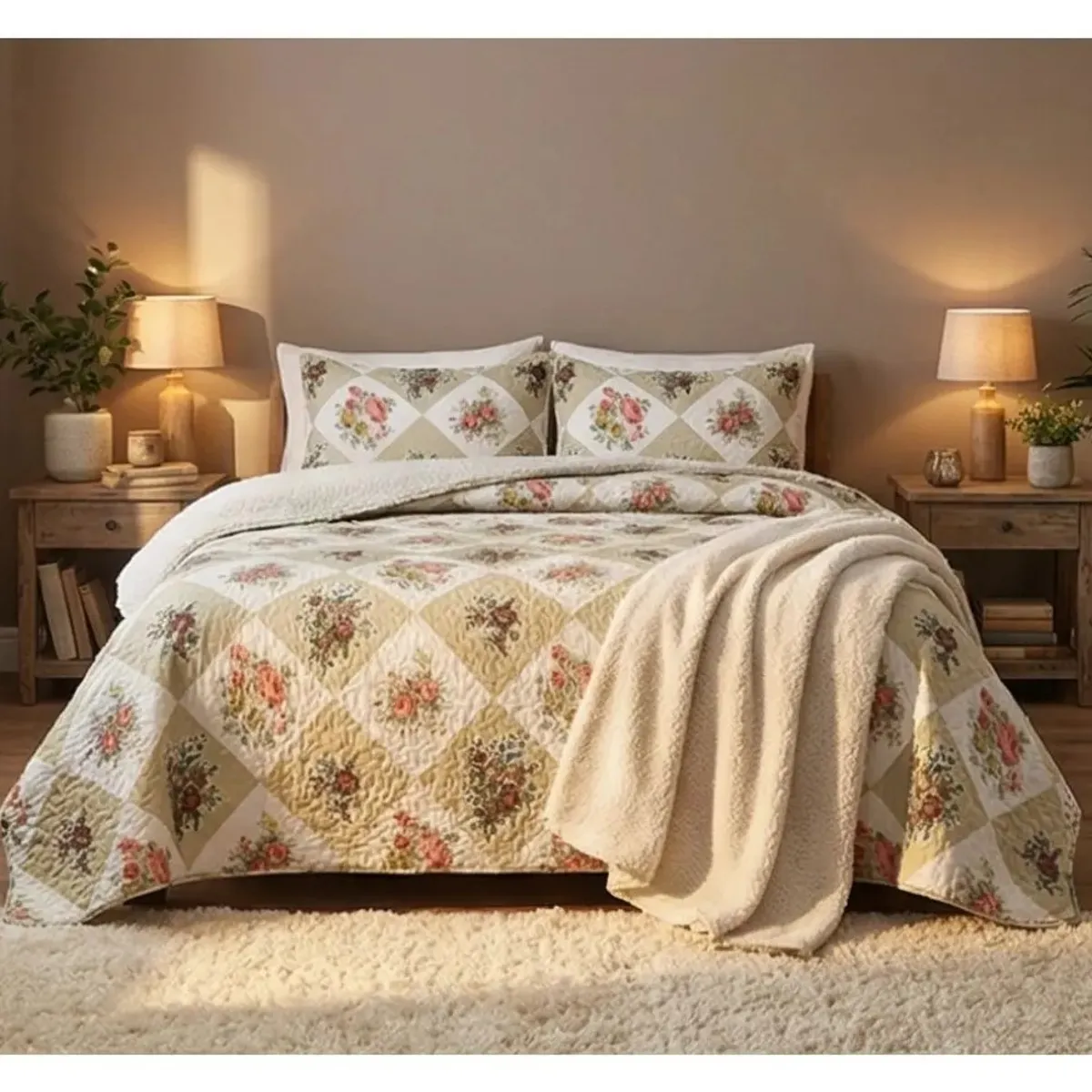 COMPRAPO - Cubrecama Quilt Sherpa 2 Plazas Mod Patch Roses + 2 Fundas 50x70 Cm