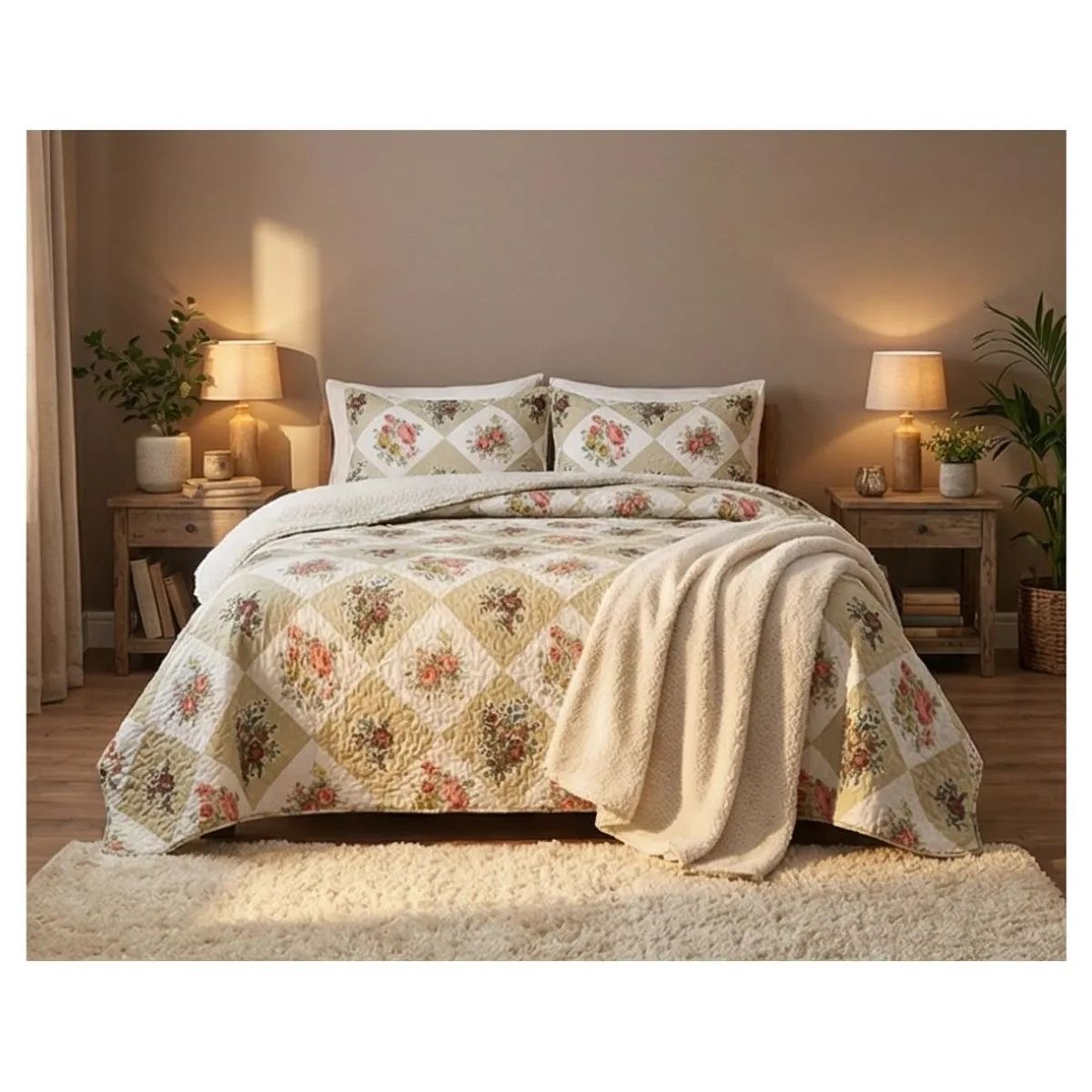 COMPRAPO - Cubrecama Quilt Sherpa 2 Plazas Mod Patch Roses + 2 Fundas 50x70 Cm