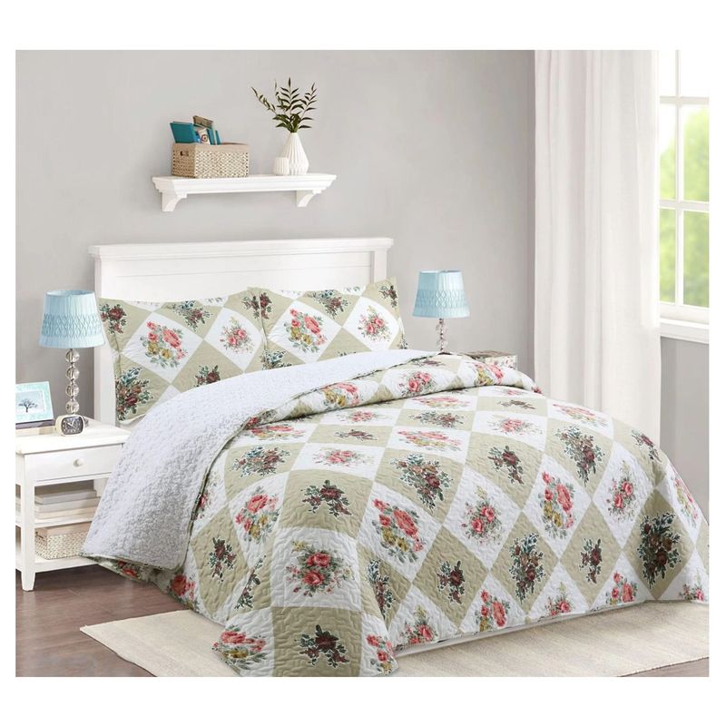 COMPRAPO - Cubrecama Quilt Sherpa 2 Plazas Mod. Patch Roses + 2 Fundas 50x70 Cm.