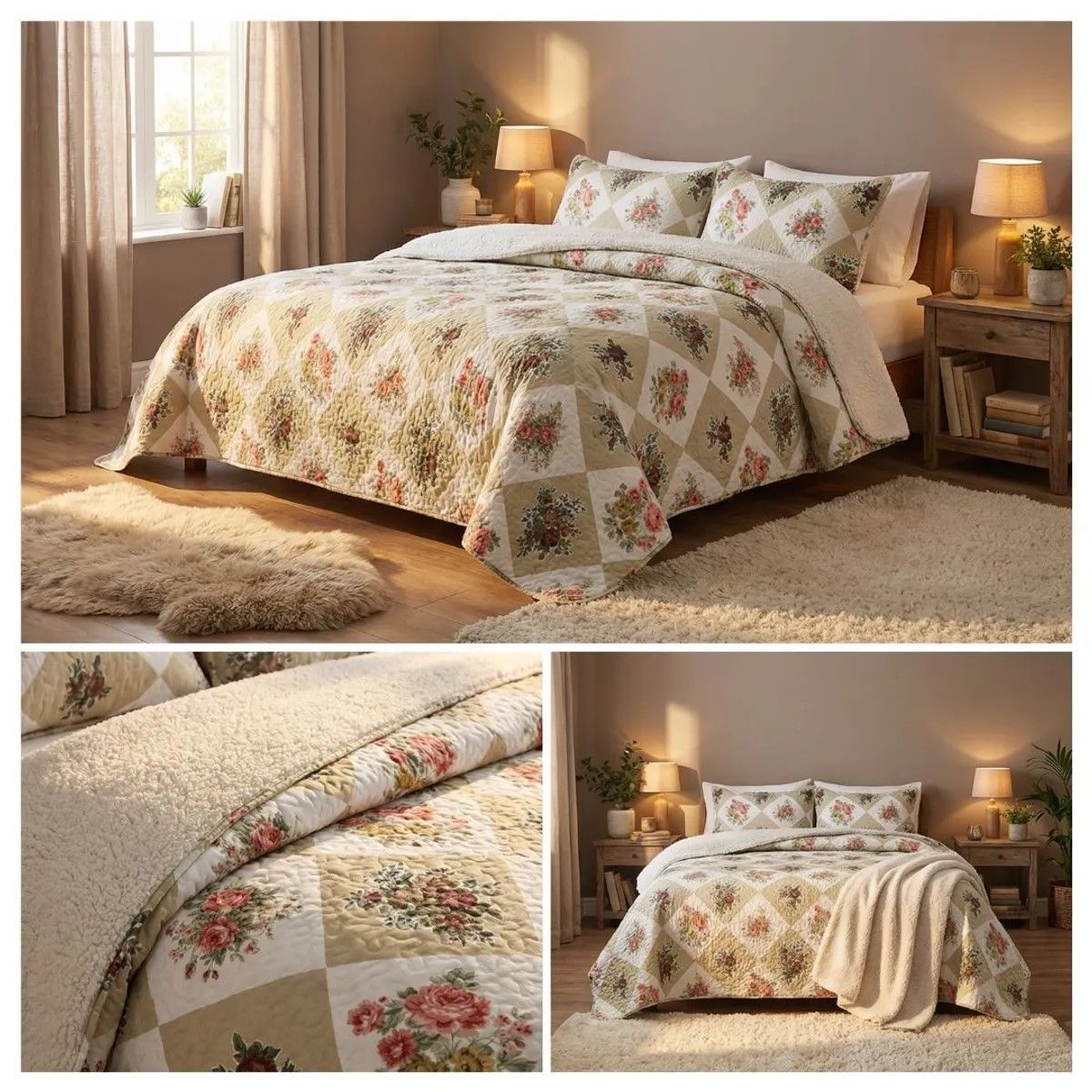 COMPRAPO - Cubrecama Quilt Sherpa 2 Plazas Mod Patch Roses + 2 Fundas 50x70 Cm