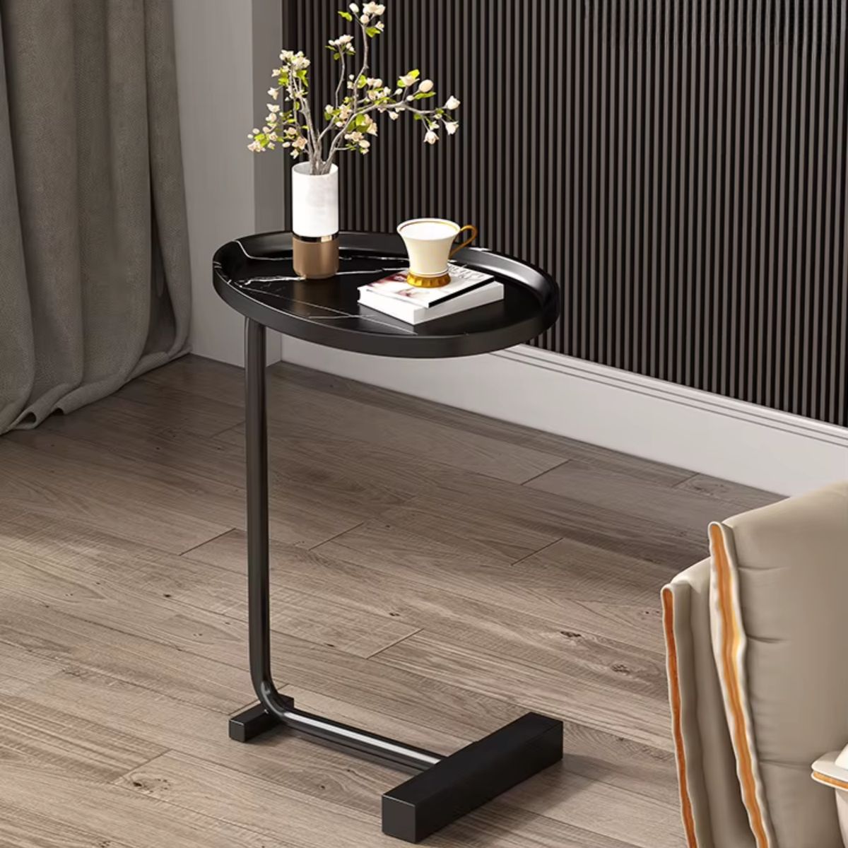 SANTU HOME & DECO - Mesa Auxiliar Lateral De Pedestal Negro