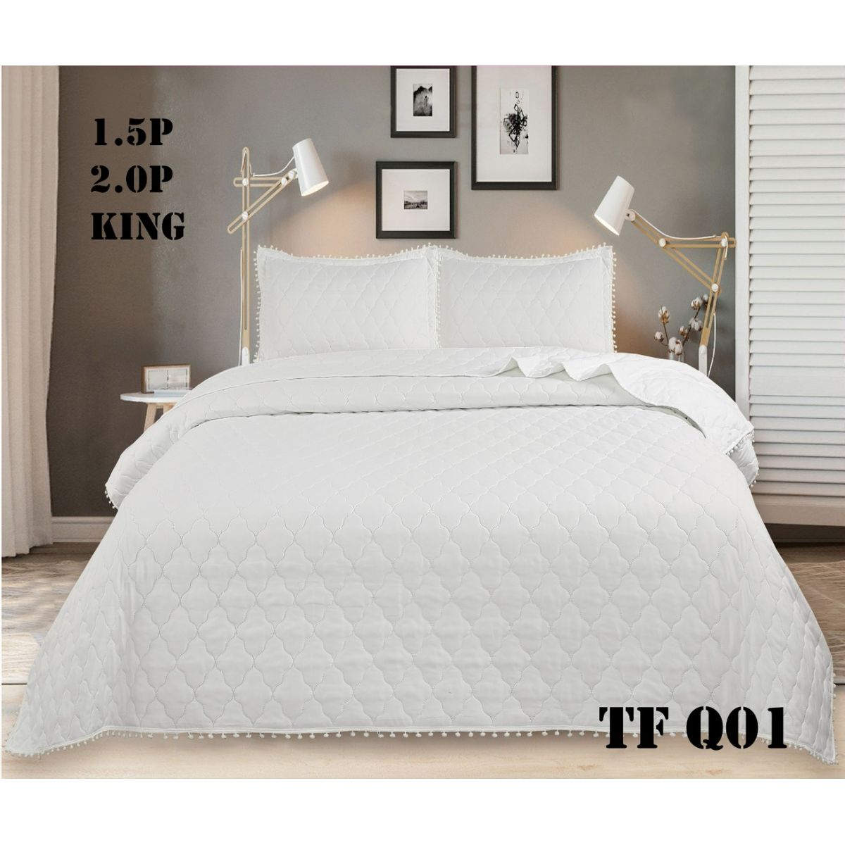 GENERICO - Cubrecama Cobertor de algodon tipo Quilt 1,5 plaza Blanco