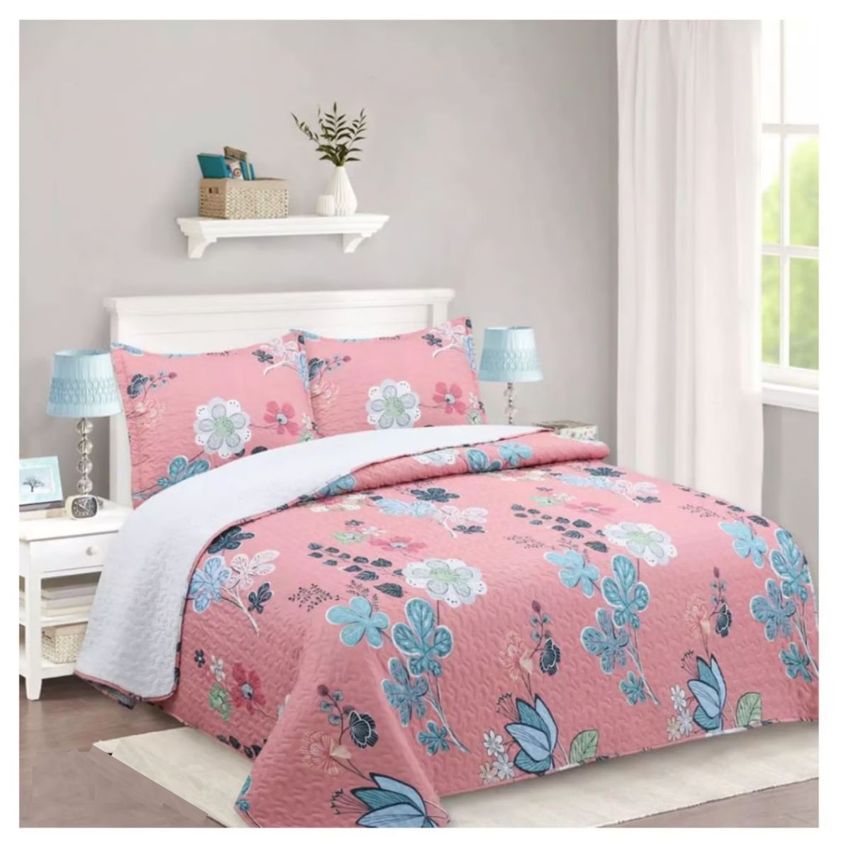 COMPRAPO - Cubrecama Quilt Sherpa 2 Plazas Modelo Pink Spring + 2 Fundas