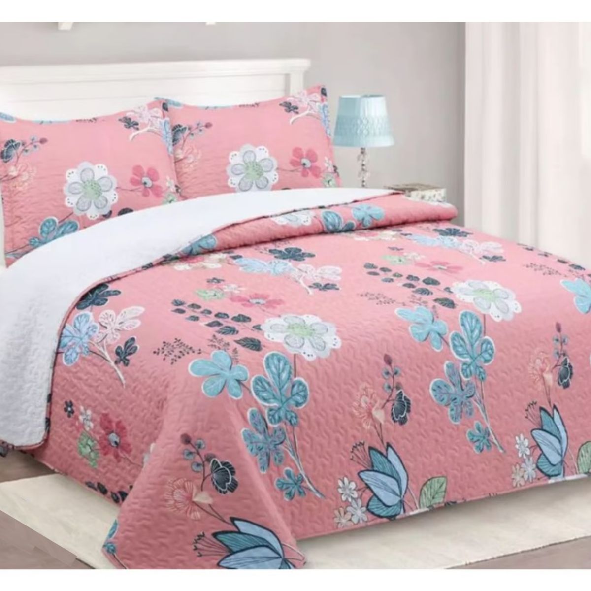 COMPRAPO - Cubrecama Quilt Sherpa 2 Plazas Modelo Pink Spring + 2 Fundas