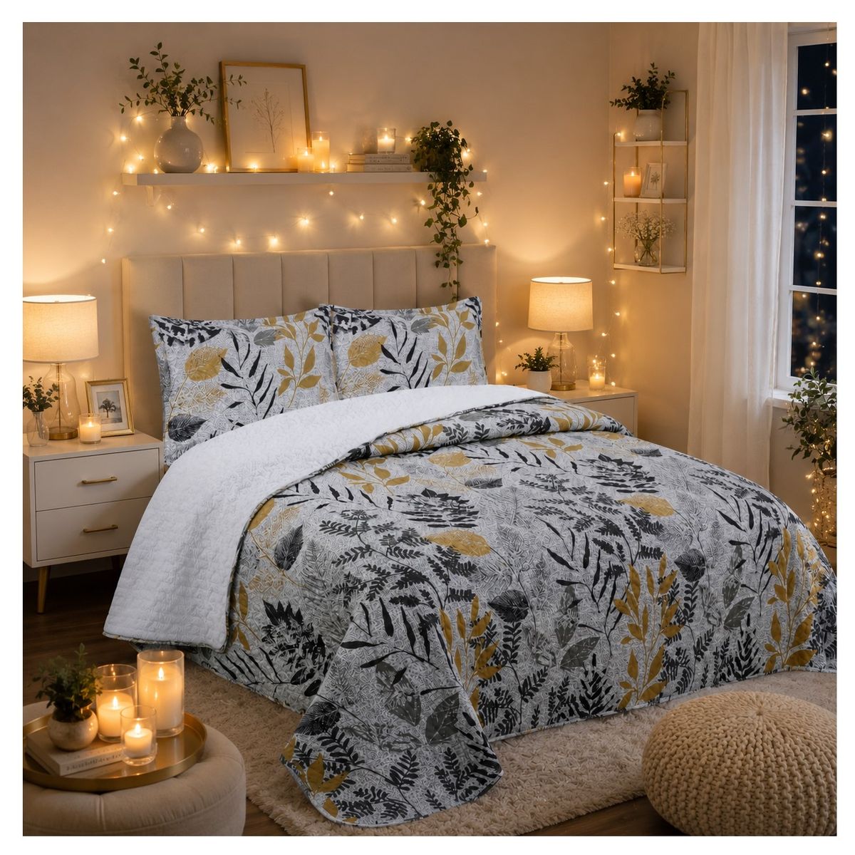 COMPRAPO - Cubrecama Quilt Sherpa 2 Plazas Modelo Hojas Mostaza + 2 Fundas