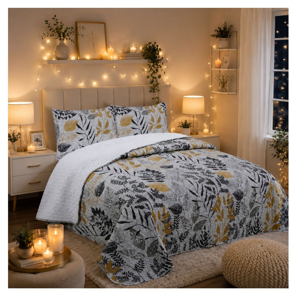 COMPRAPO - Cubrecama Quilt Sherpa 2 Plazas Modelo Hojas Mostaza + 2 Fundas