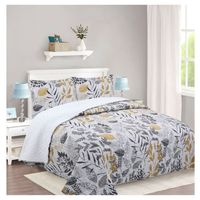 Cubrecama Quilt Sherpa 2 Plazas Modelo Hojas Mostaza + 2 Fundas