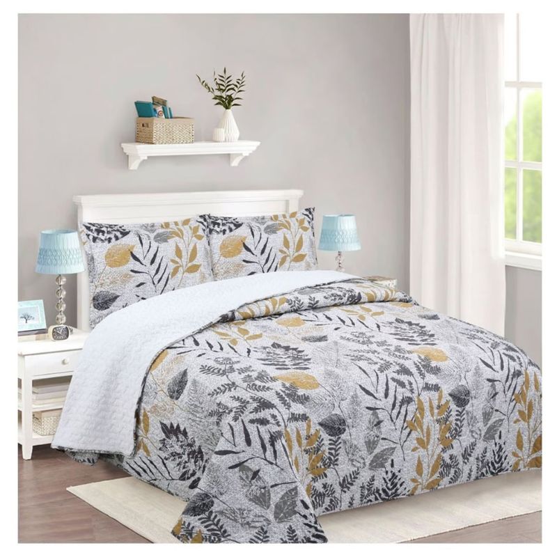 COMPRAPO - Cubrecama Quilt Sherpa 2 Plazas Modelo Hojas Mostaza + 2 Fundas
