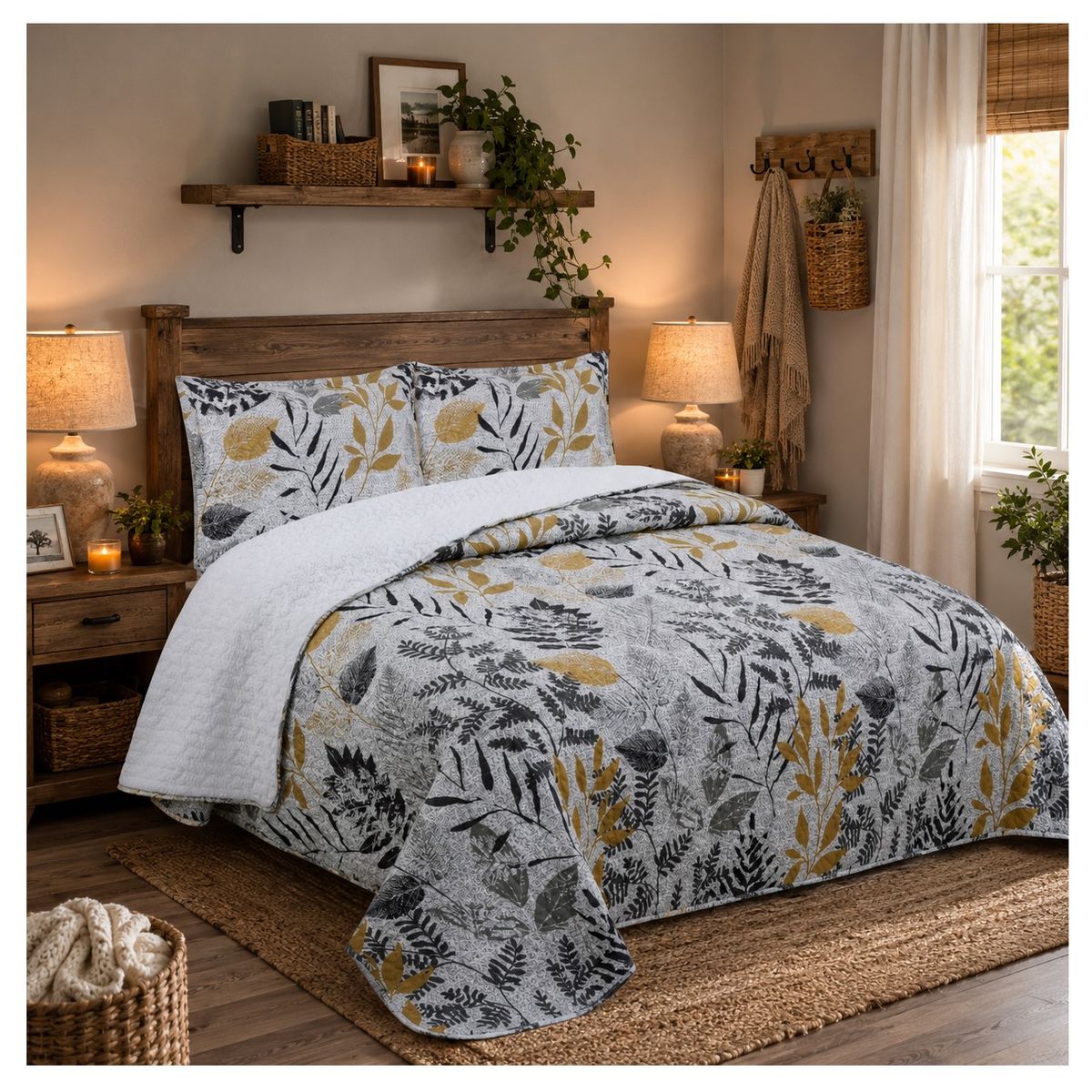 COMPRAPO - Cubrecama Quilt Sherpa 2 Plazas Modelo Hojas Mostaza + 2 Fundas